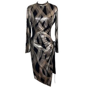 K TOO Vintage Metallic Black Gold Print Long sleeves Dress - Size L